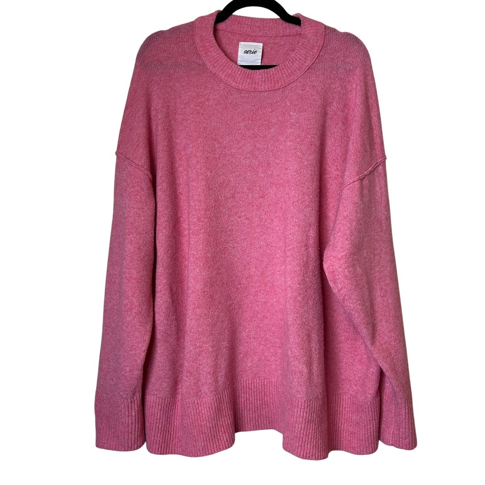 Aerie Womens Oversize Pink unREAL Cozy Knit Sweater Crew Neck Soft Long Sleeve L